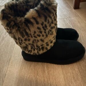 Leopard Print Faux Fur Black Boots